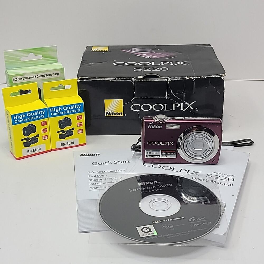 Nikon COOLPIX S220 10.0MP Digital Camera Plum 2 New Batteries & Charger & Papers